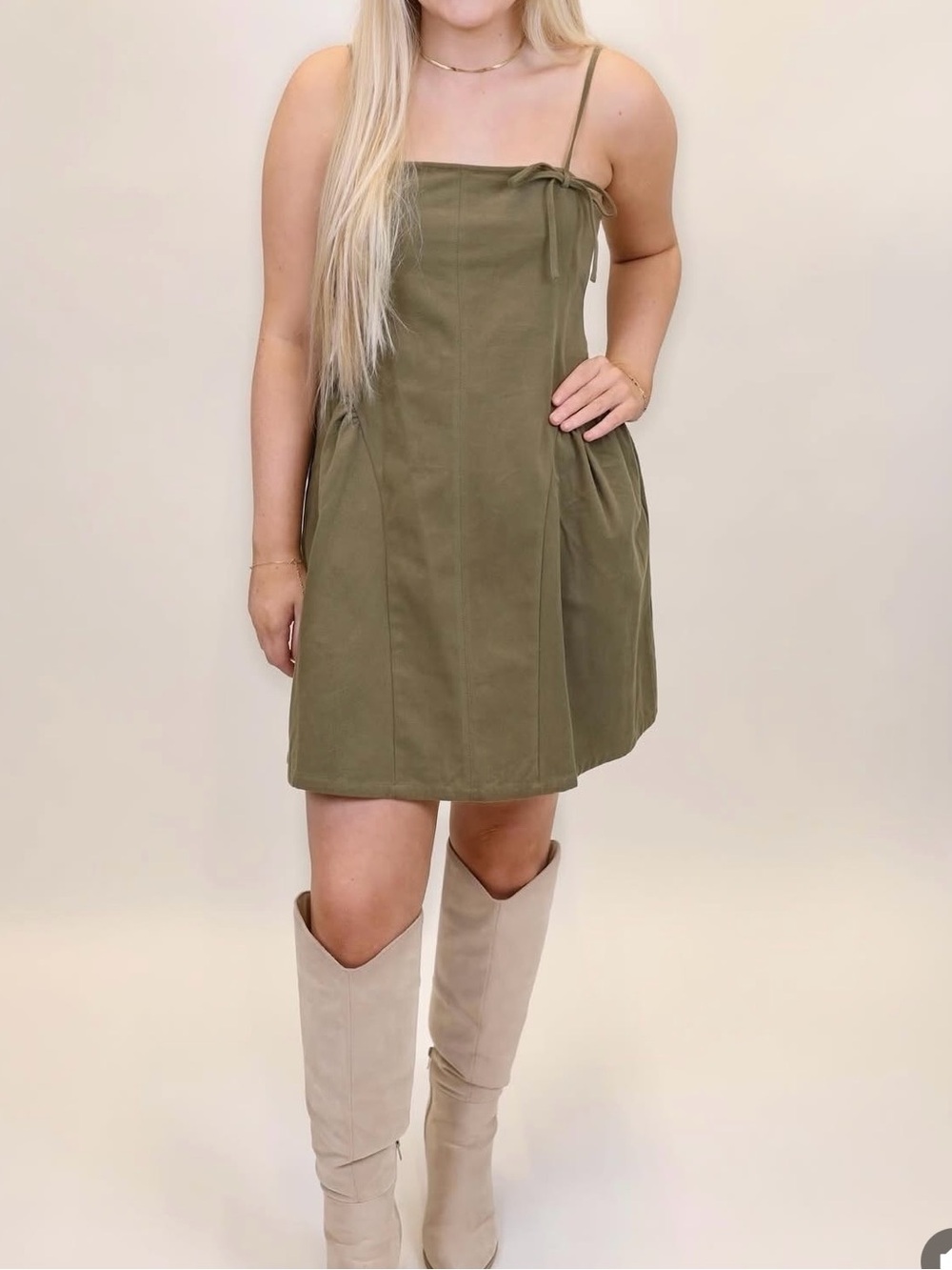 Olive Green Spaghetti Strap Mini Dress with Tie Detail & pockets